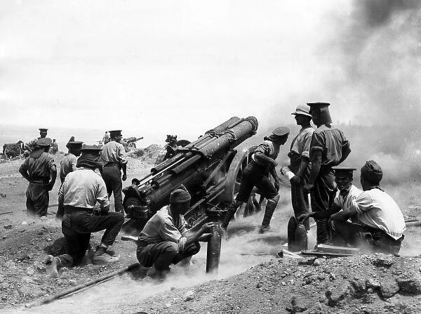 Heavy artillery in action on cliff, Helles, Gallipoli, WW1