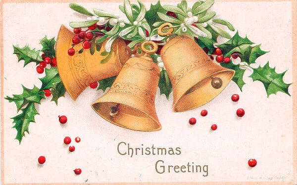 Holly and mistletoe with bells on a Christmas postcard