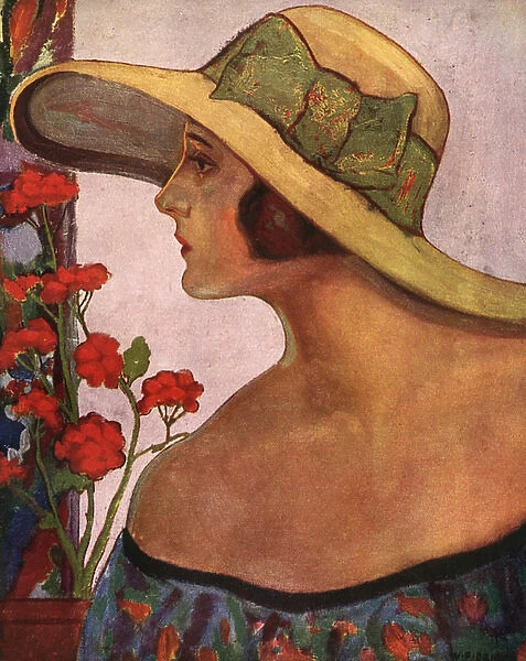 An illustration of a woman in a summer hat and dress