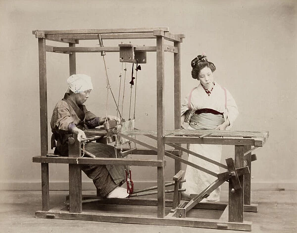 Japanese woman weaving cloth on a loom, Japan