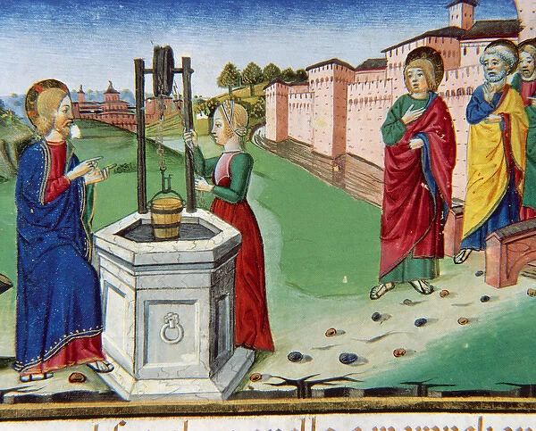 Jesus asks a Samaritan woman of Sychar for water from Jacob