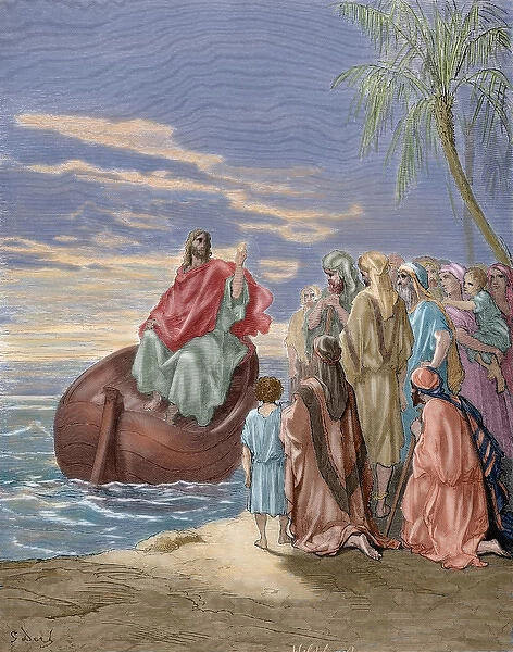 Jesus preaching in the Sea of Galilee. Engraving. Colored