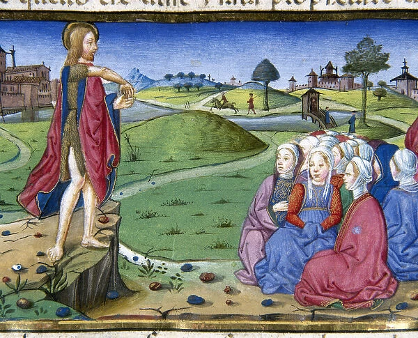 John preaches and baptizes. Codex of Predis (1476). Italy