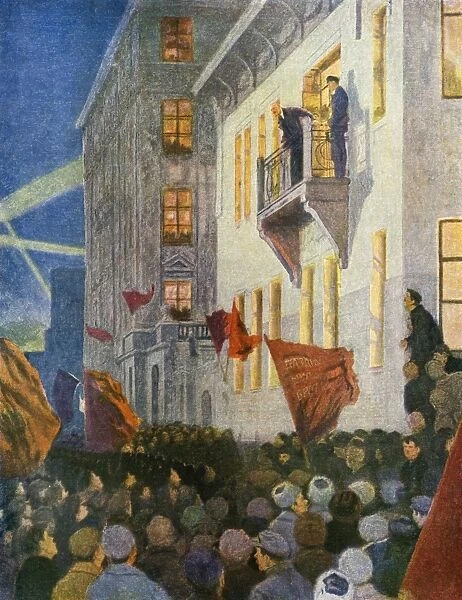 Lenin giving speech from balcony, St Petersburg, Russia