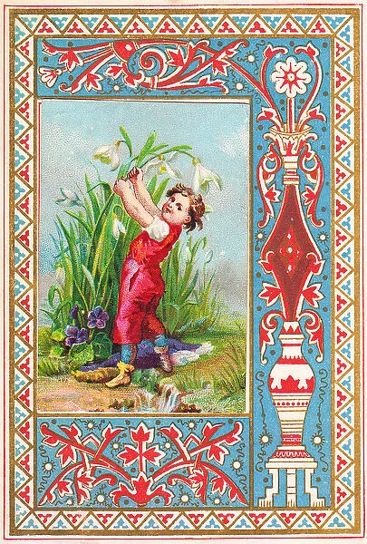 Little boy in a garden on an ornate greetings card