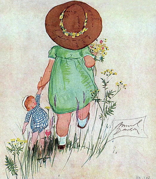 Little girl carrying a doll by Muriel Dawson