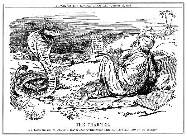 Lloyd George tries to charm unemployment, cartoon