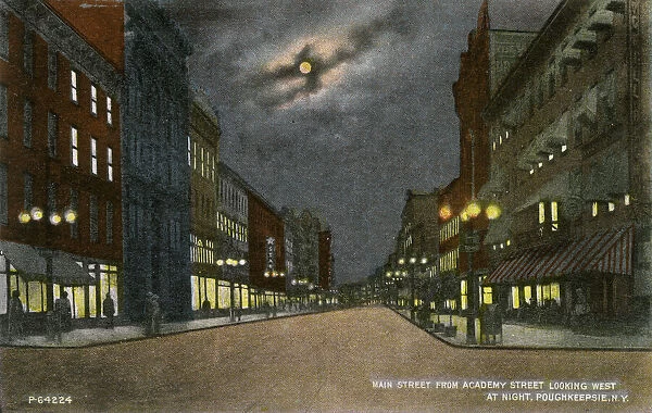 Main Street at night, Poughkeepsie, New York State, USA