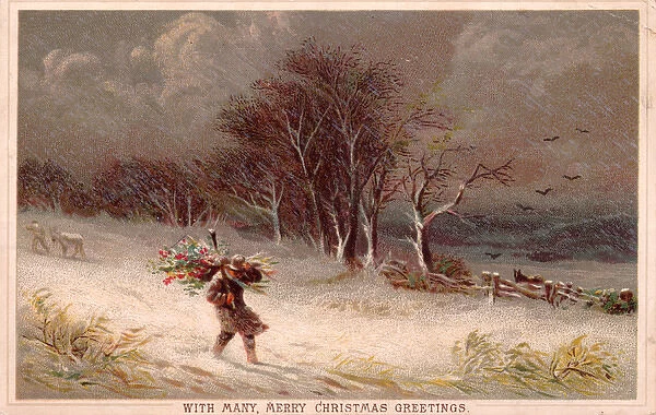Man carrying holly through the snow on a Christmas card