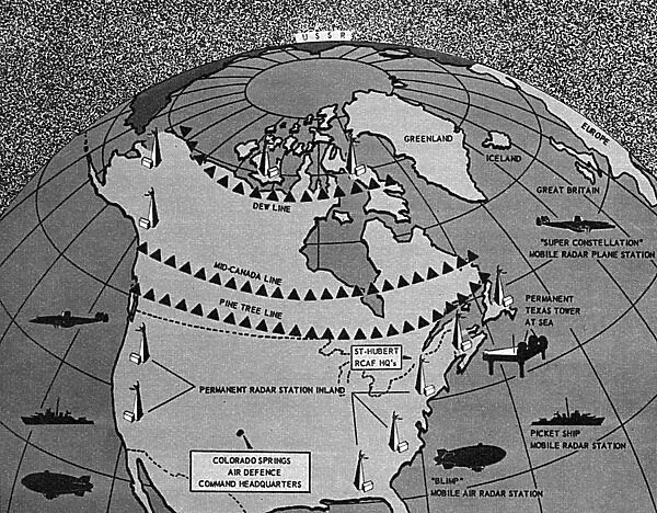 Map showing distant early warning line for defence