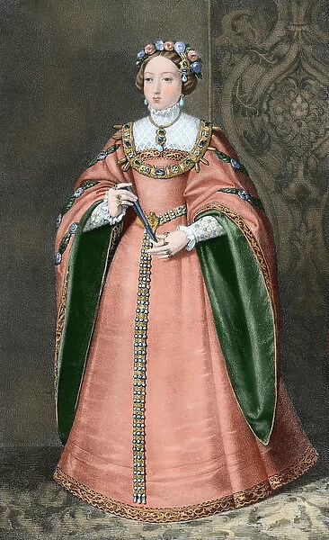 Maria Manuela of Portugal (1527-1545). Colored engraving