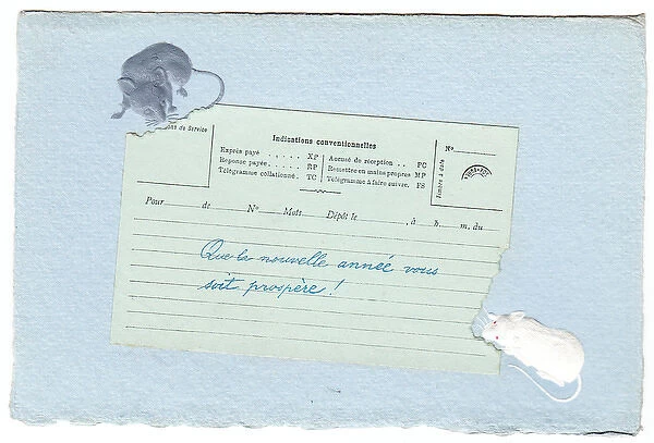 Two mice eating a telegram on a New Year postcard