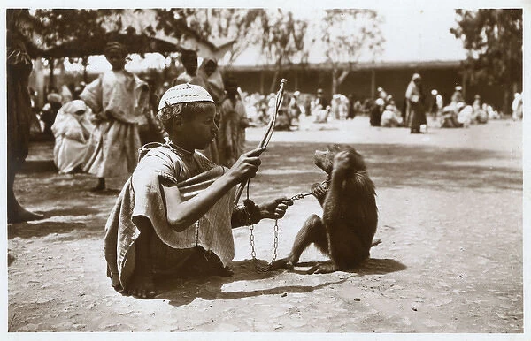 Moroccan boy (trainer) with monkey