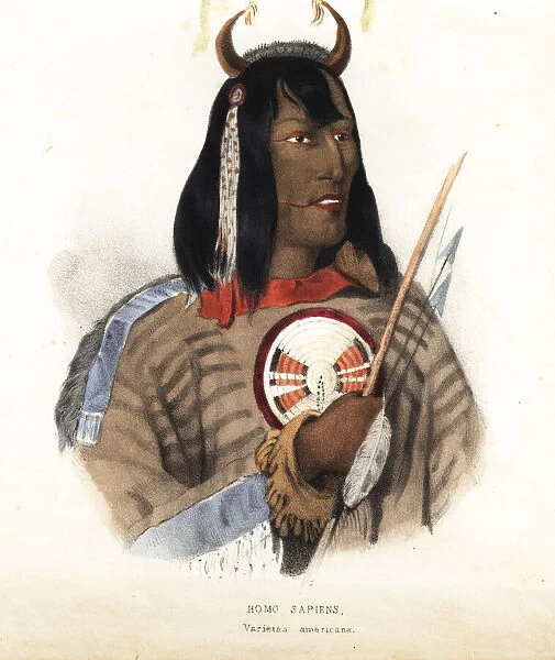 Native American in headdress with horns, buckskin