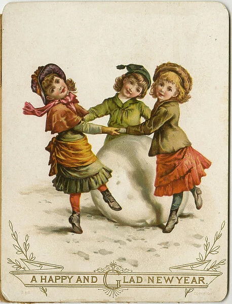 New Year card, Victorian children with snowball