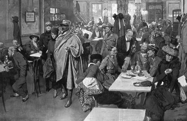 Officers of Four Nations in London Cafe by Matania, WW1