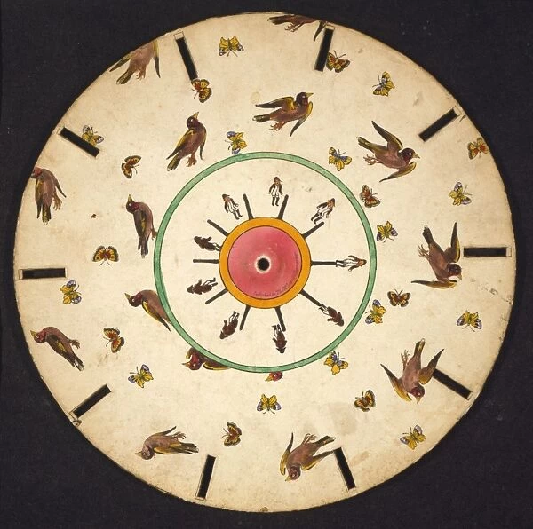 Optical illusion disc with birds, butterflies, and a man jum