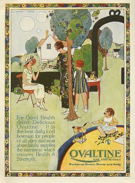 Ovaltine advertisement designed by Gladys Peto in her usual gorgeous, decorative style