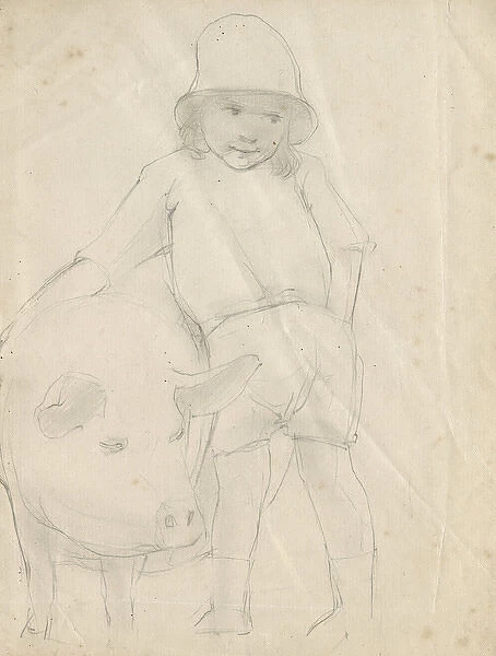 Pencil sketch of boy with pig