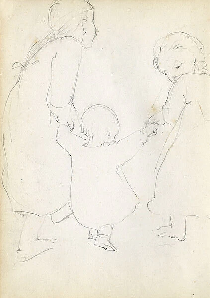Pencil sketch of two girls with a toddler