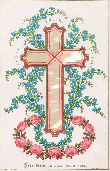 Pink and blue flowers and a cross on a French card