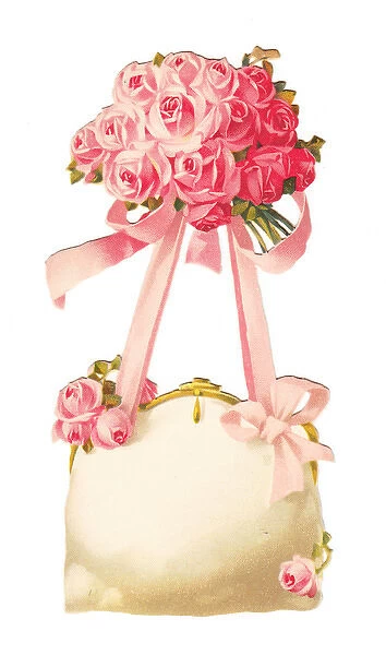Pink roses and a white handbag on a cutout card