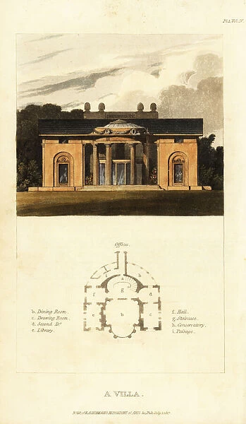 Plan and elevation of a Regency neoclassical villa