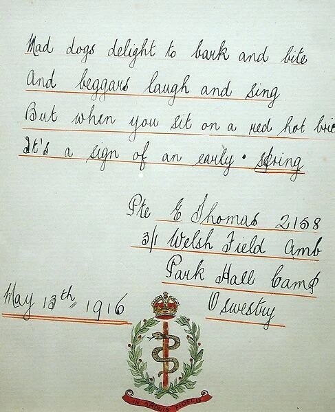 Poem and badge of the Royal Army Medical Corps, WW1