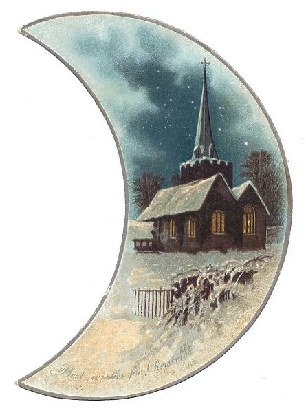 Rural snow scene with church on a Christmas card