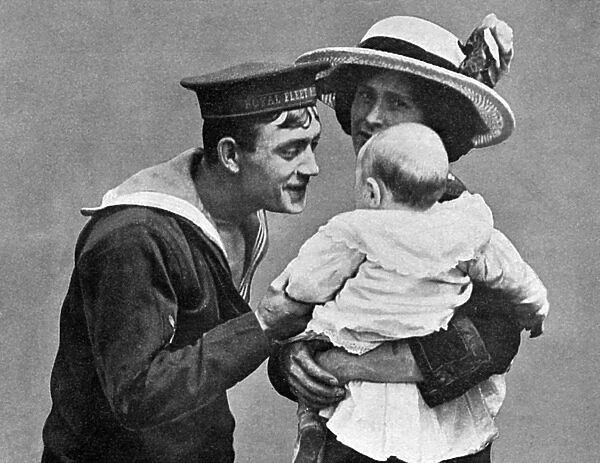 Sailor says good bye to wife and baby, WW1