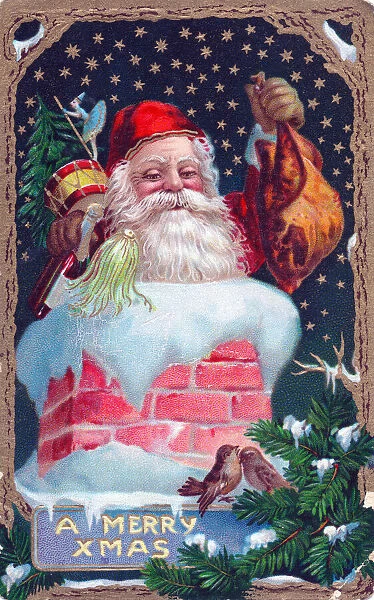 Santa Claus in a chimney on a Christmas postcard