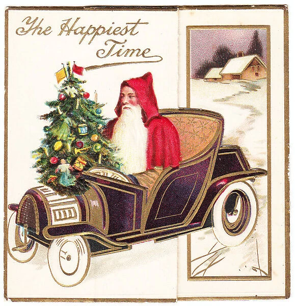 Santa Claus driving a car on a Christmas card