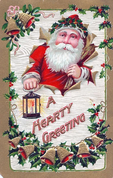 Santa Claus with holly and bells on a Christmas postcard