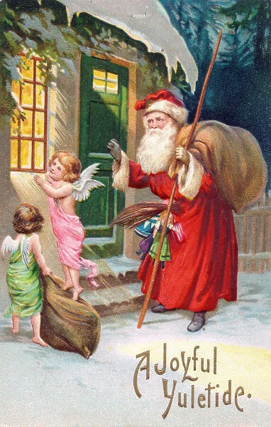 Santa Claus outside a house on a Christmas postcard