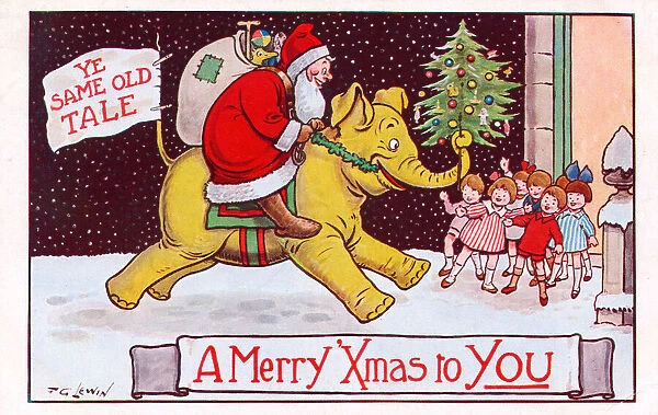 Santa Claus riding an elephant on a Christmas postcard