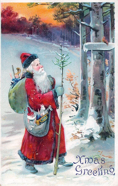 Santa Claus with sack of presents on a Christmas postcard