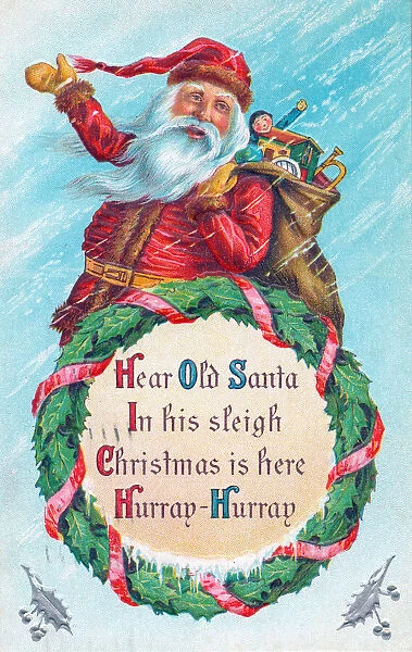 Santa Claus with sack and wreath on a Christmas postcard