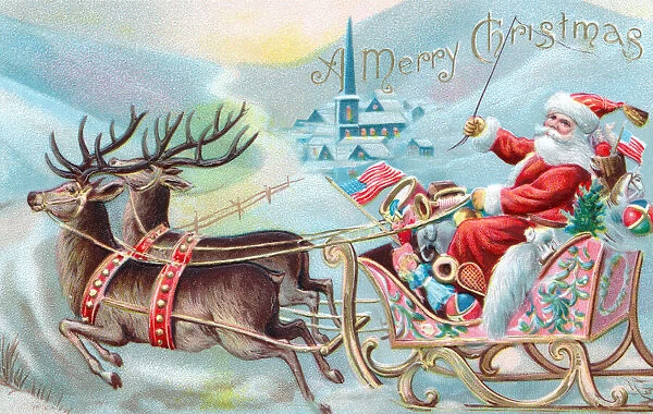 Santa Claus in his sleigh on a Christmas postcard