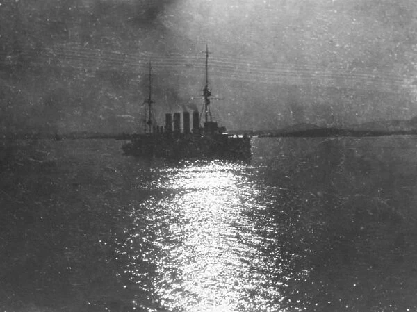Ship with four funnels at sea by night, WW1