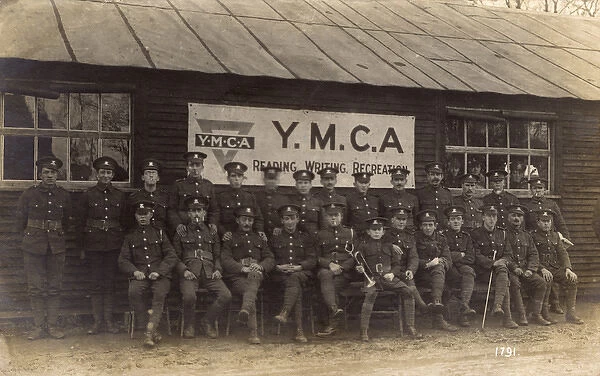 Soldiers in camp, outside YMCA hut, WW1