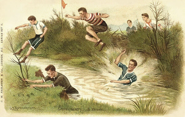 Sports. Cross country. A brook. Men in 1930s sportswear jumping a wide brook
