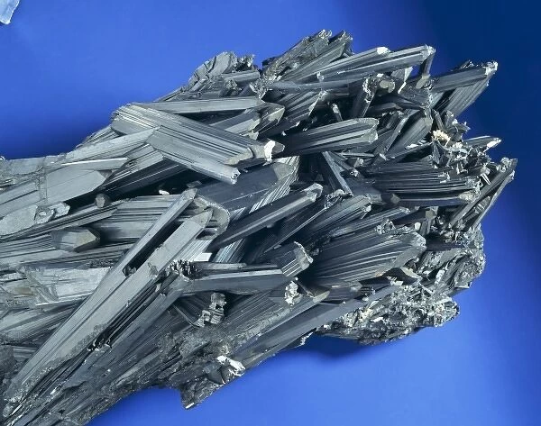Stibnite (antimony sulphide) is a metallic mineral with fine, long crystal clusters