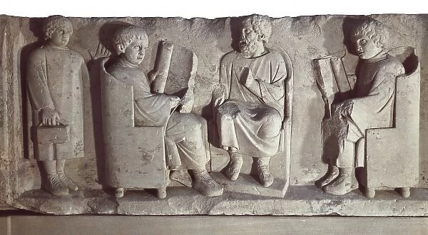 Teacher and pupils. Roman art. Relief on rock