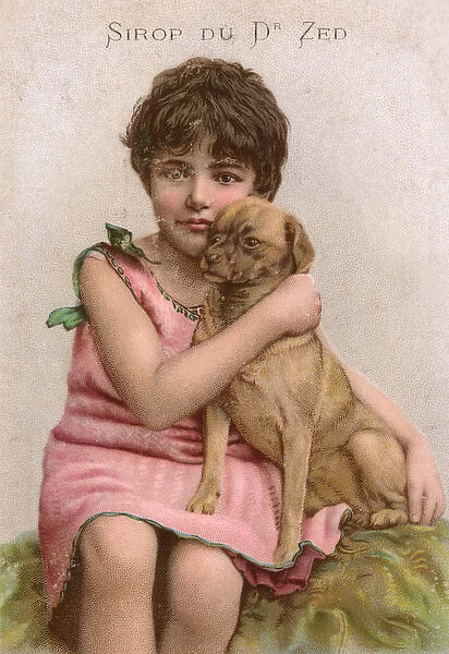 Trade card for Dr Zed syrup, girl with pug dog