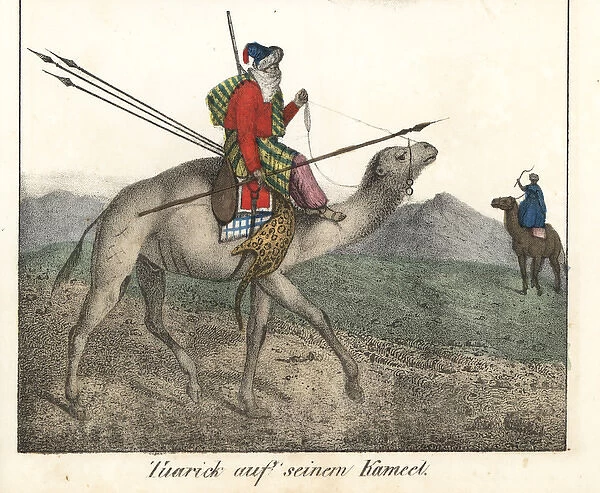 Tuareg man mounted on a camel carrying spears