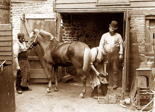 Village blacksmith shoeing horse