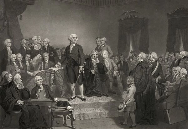 Washington delivering his inaugural address April 1789, in t