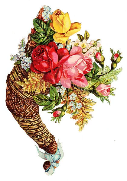 Wickerwork cornucopia with flowers on a Victorian scrap