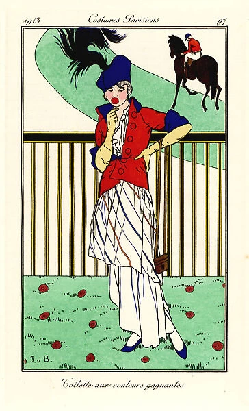 Woman in outfit for the racetrack in winning colours, 1913
