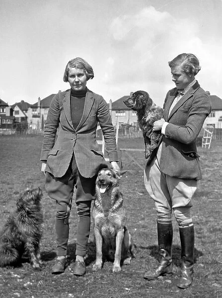 Two women with three dogs in a field